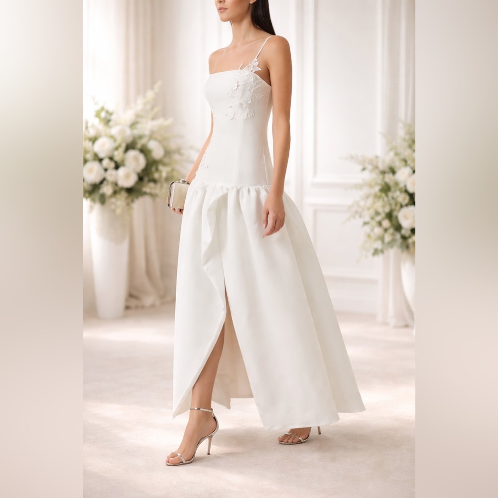 Elliatt White One-Shoulder Maxi Dress with Floral Appliqué